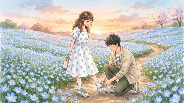 夕暮れのネモフィラ畑