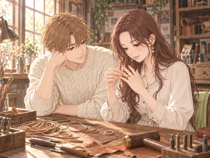 革工房でペアリングを編むおふたり