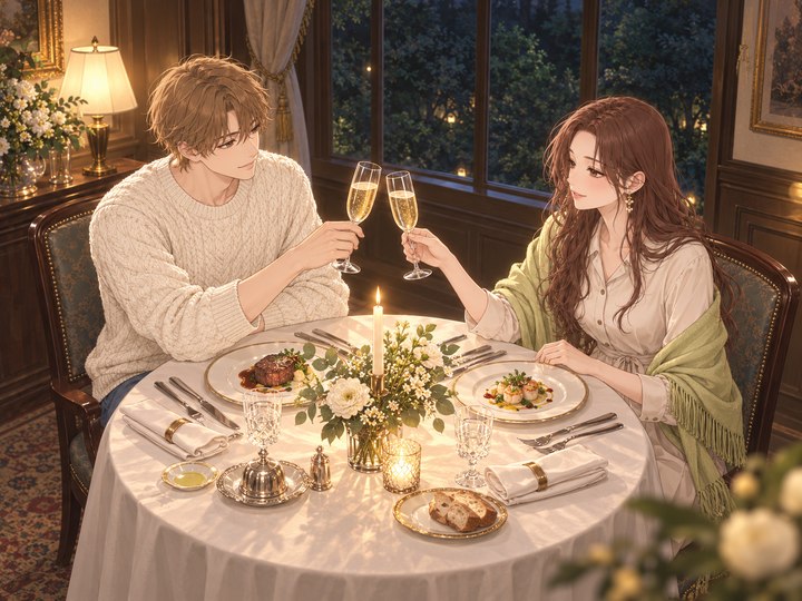 レストランで乾杯するおふたり