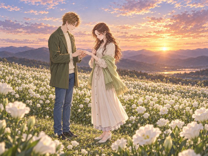 夕暮れの花畑のおふたり